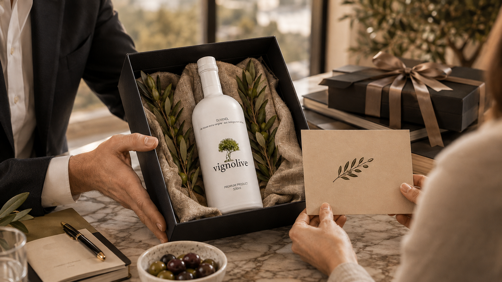 Personalisierte Premium-Olivenölflasche mit Firmenlogo als Firmengeschenk