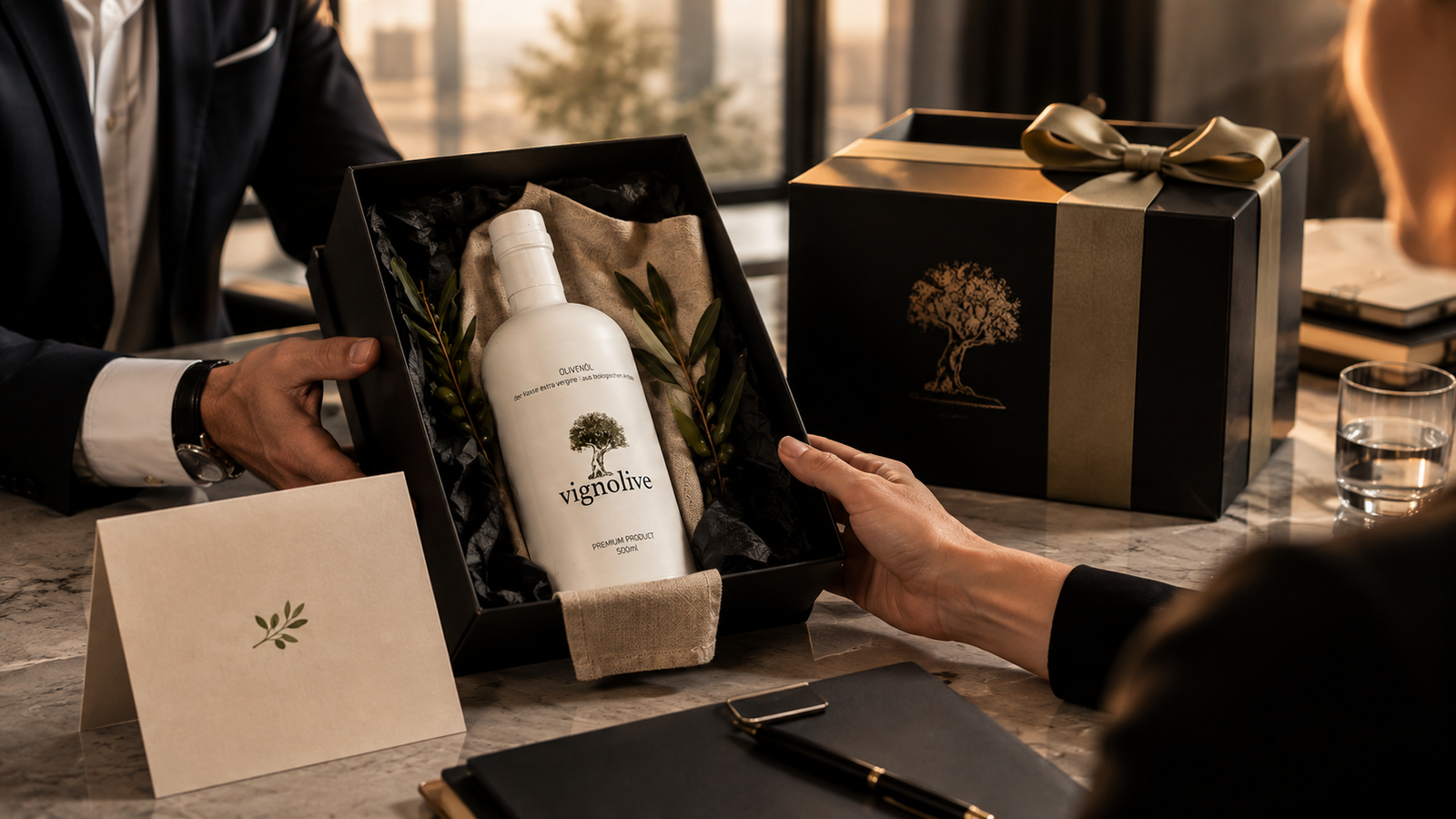 Personalisierte Premium-Olivenölflasche als Geschenk für Firmenkunden