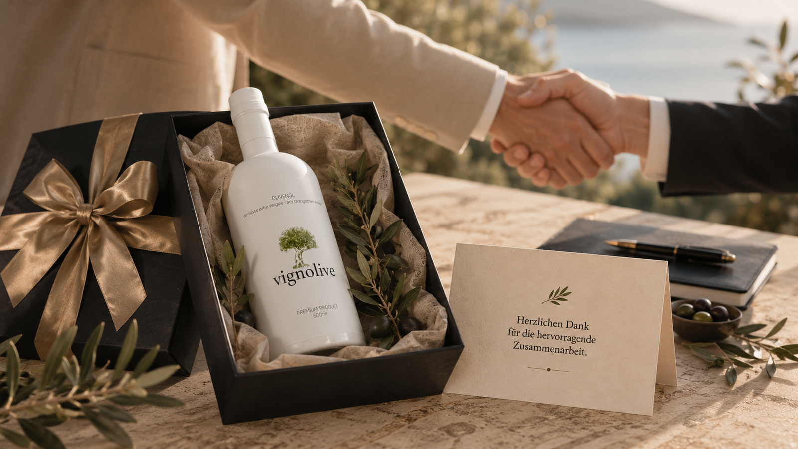 Exklusives Firmengeschenk für Geschäftspartner mit individuell personalisiertem Olivenöl