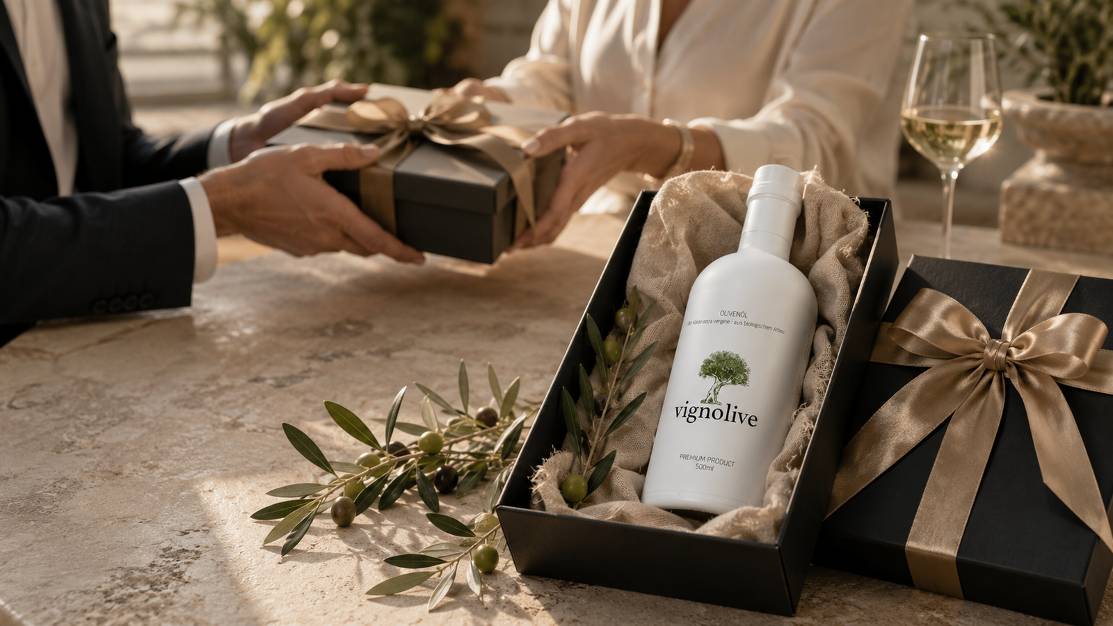 Edles Firmengeschenk zum Jubiläum mit personalisiertem Olivenöl für Kunden und Mitarbeitende