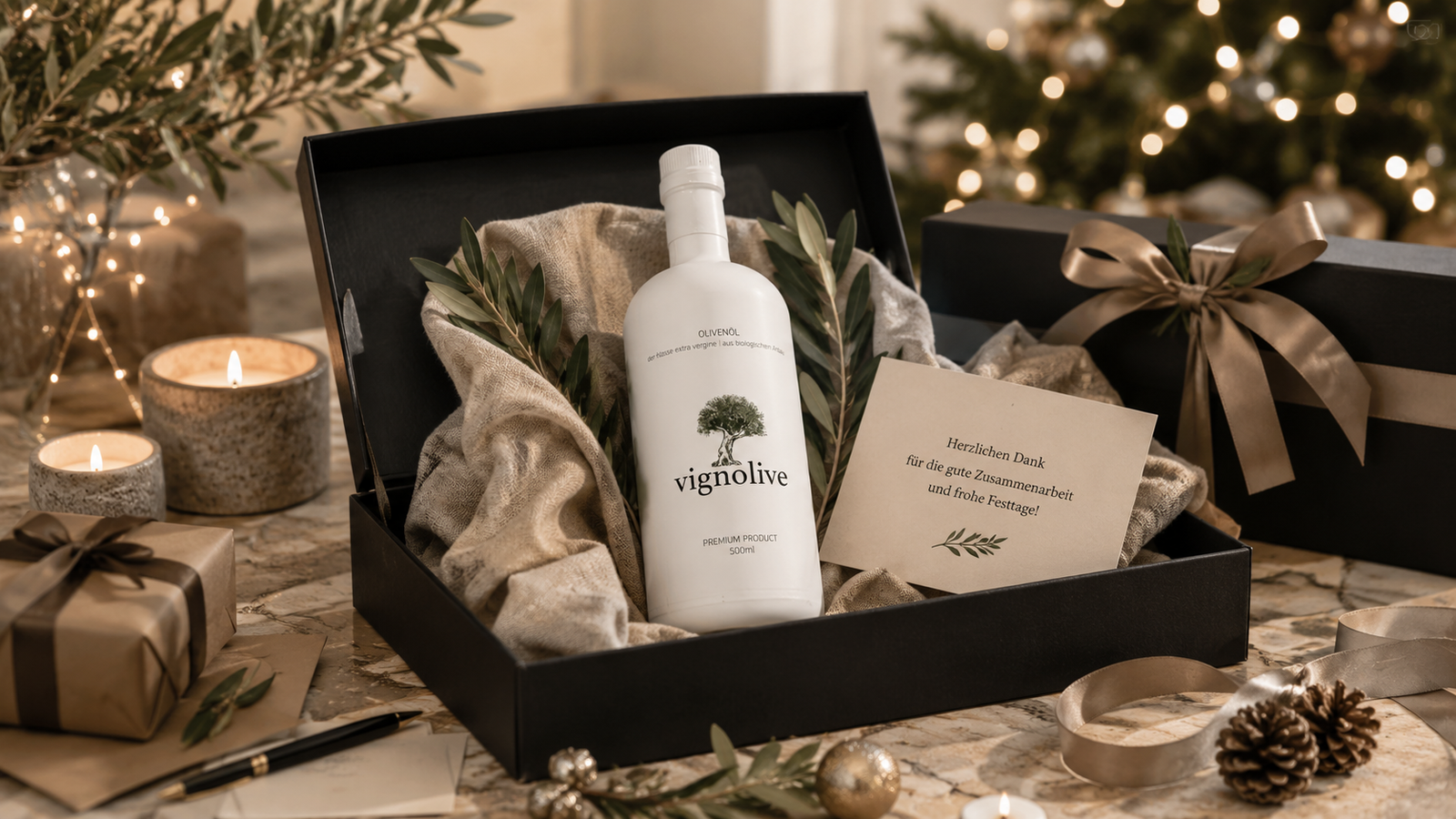 Personalisierte Premium-Olivenölflasche als Weihnachtsgeschenk für Kunden