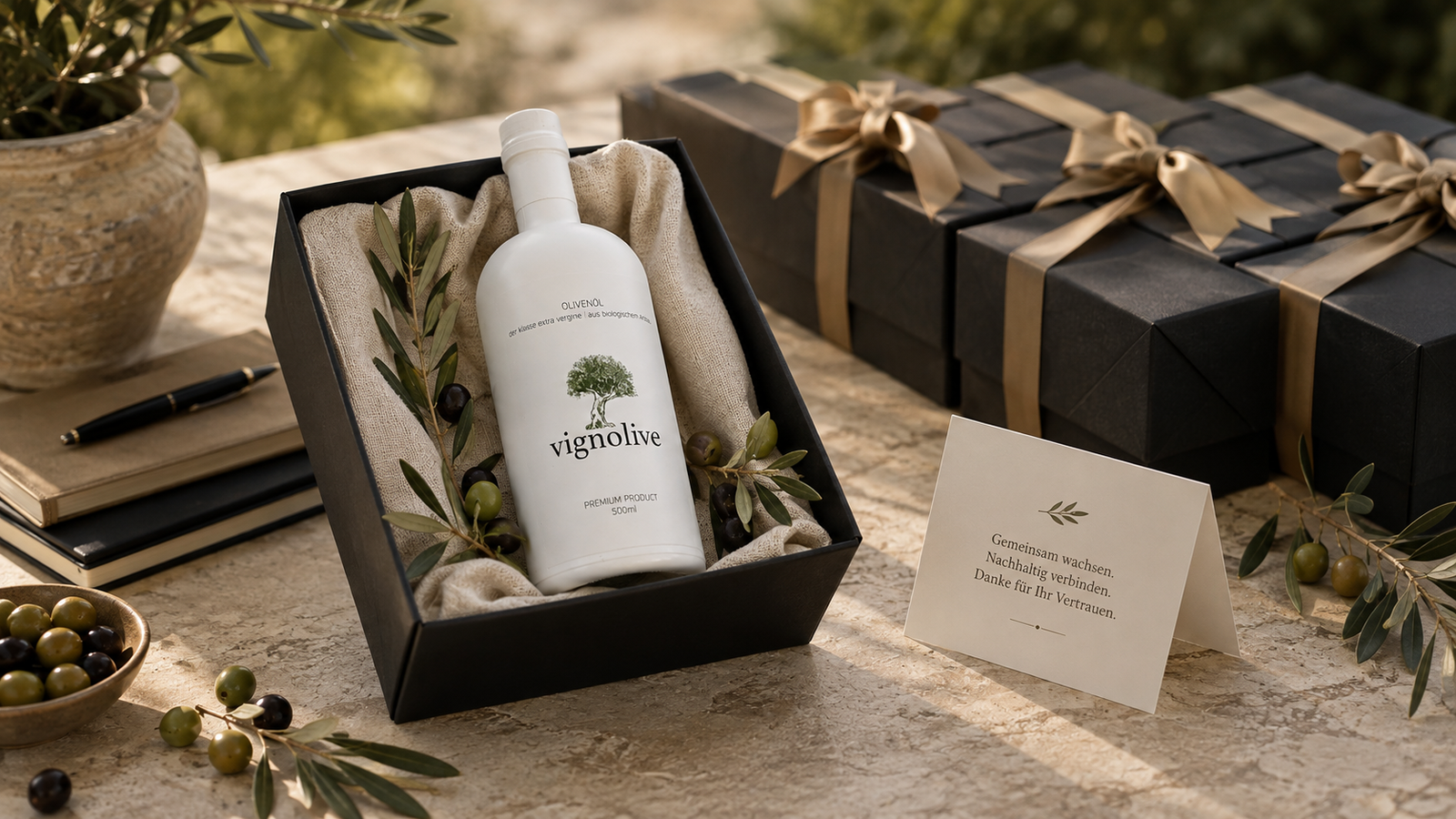 Personalisierte Premium-Olivenölflasche als hochwertiges Werbegeschenk für Unternehmen