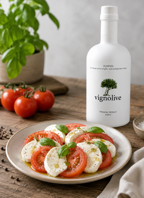Premium Extra Vergine Olivenöl von Vignolive mit Caprese-Salat und frischem Basilikum