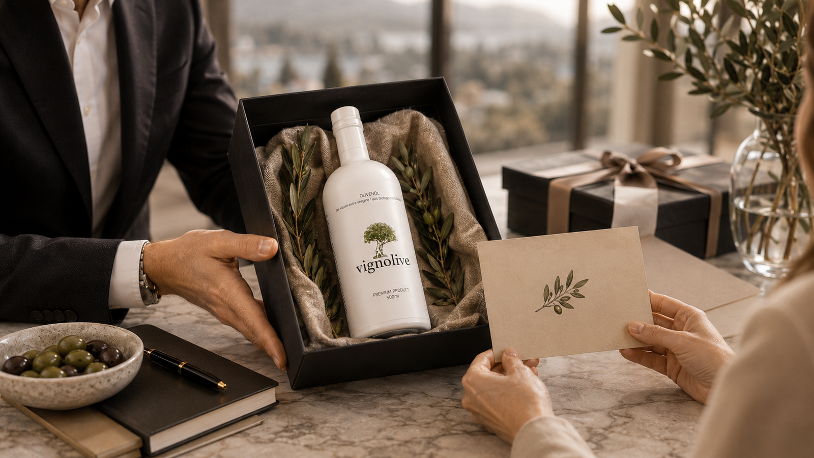 Personalisierte Premium-Olivenölflasche mit Firmenlogo als Kundengeschenk