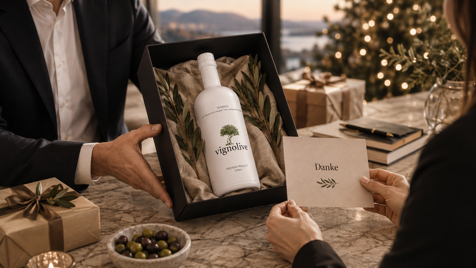 Personalisierte Premium-Olivenölflasche als Kundengeschenk zu Weihnachten