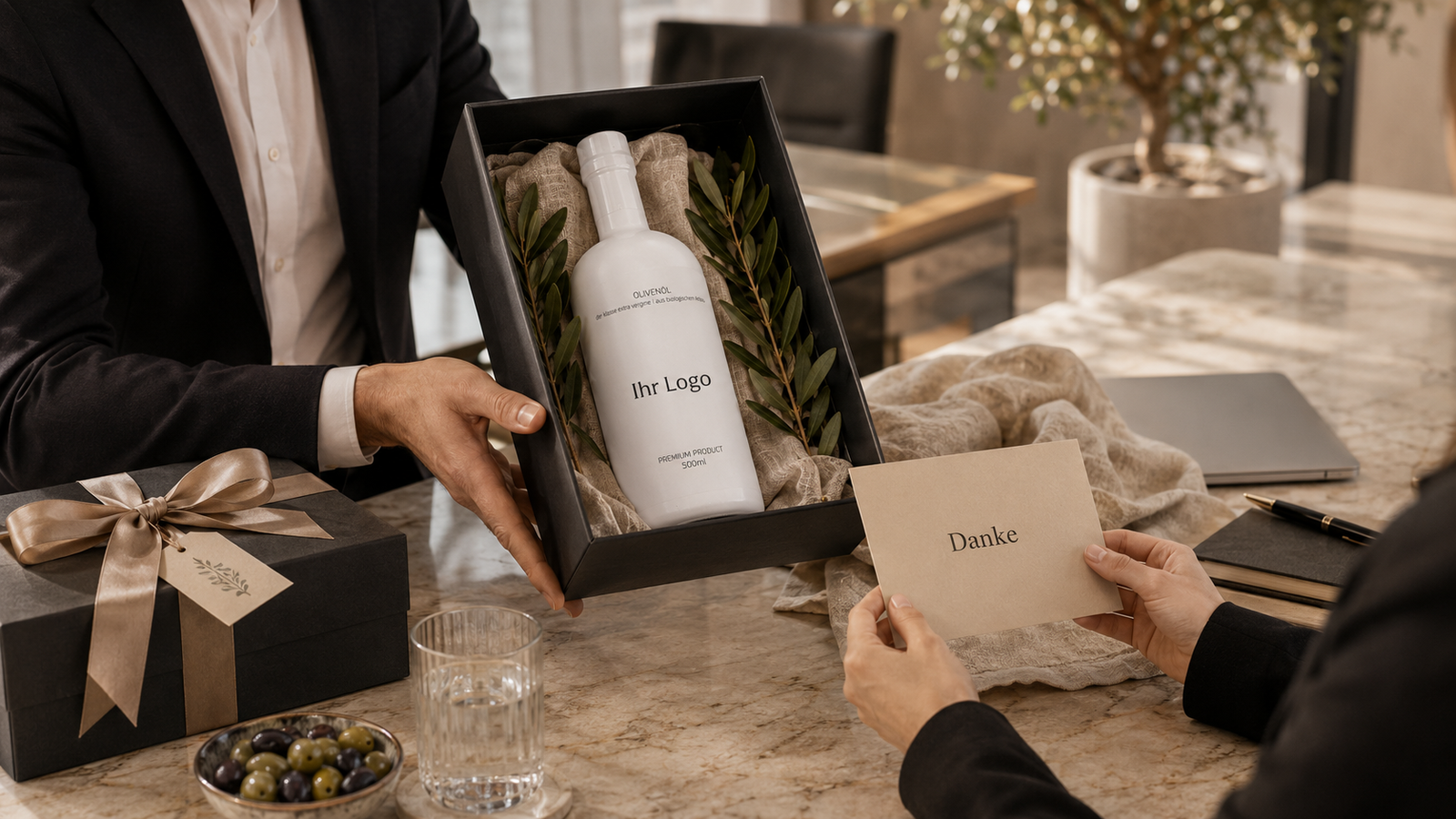 Premium-Olivenöl als exklusives Firmengeschenk mit Firmenlogo