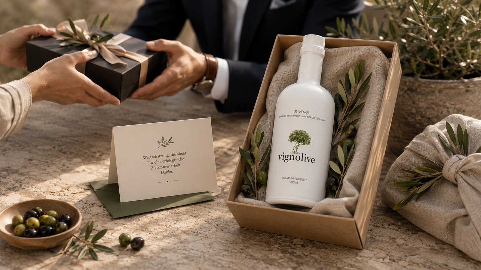 Personalisiertes Firmengeschenk mit Premium-Olivenöl und Firmenlogo