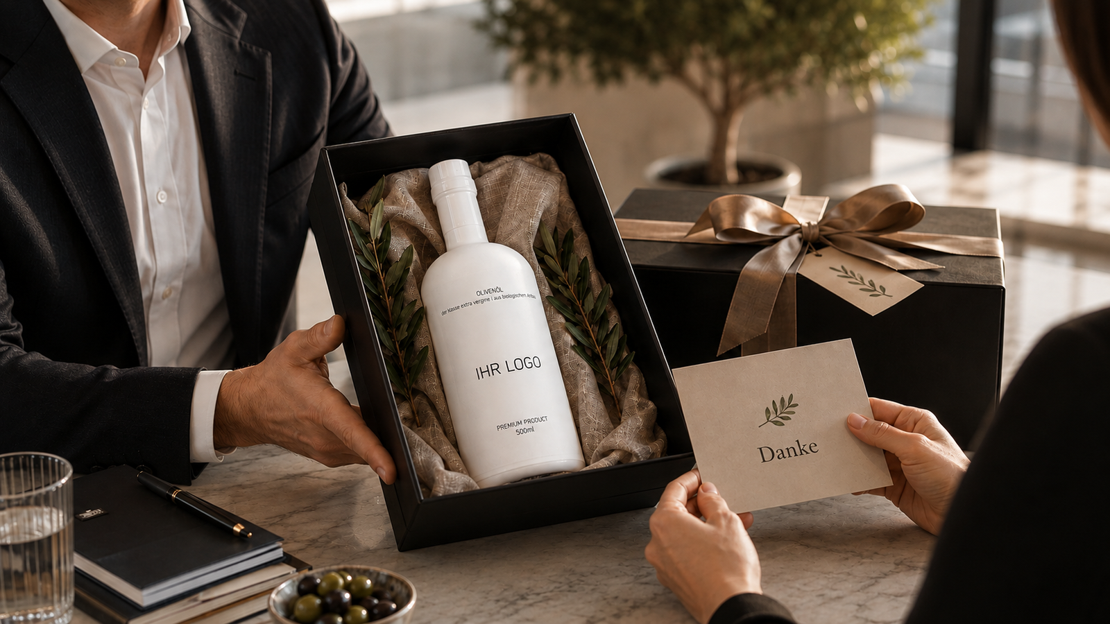 Premium-Olivenöl mit Firmenlogo als exklusives Firmengeschenk