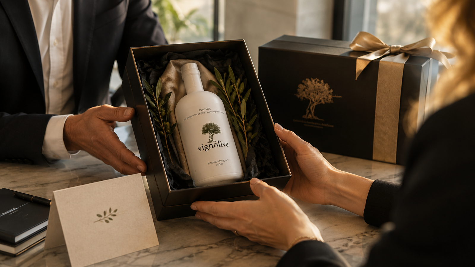 Personalisiertes Geschäftsgeschenk mit Premium-Olivenöl und Firmenlogo