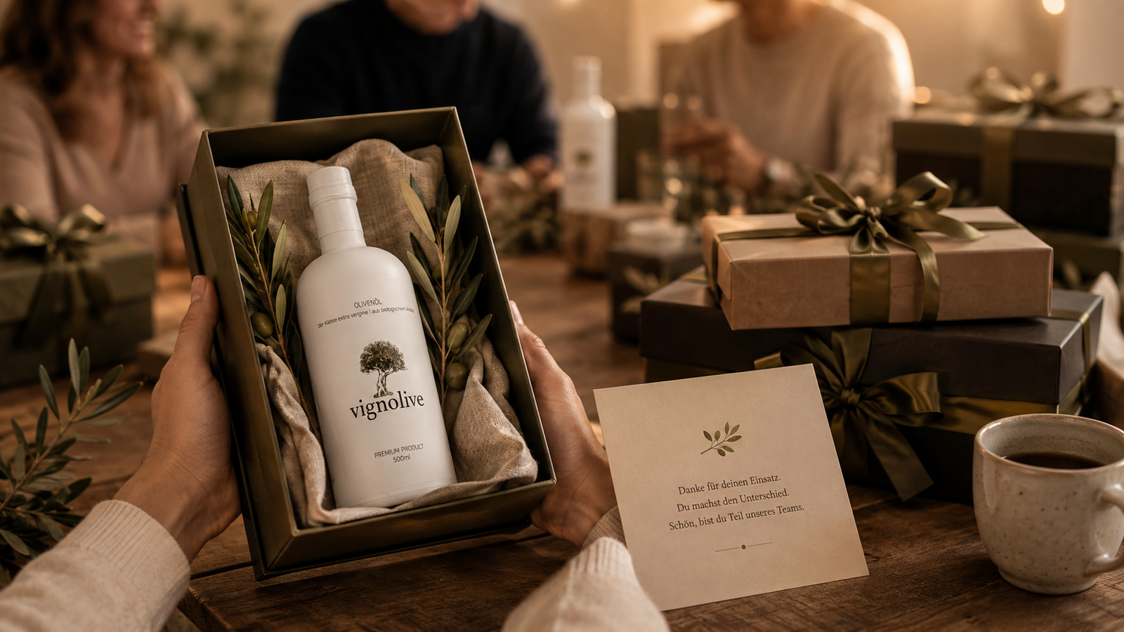 Personalisierte Premium-Olivenölflasche als Geschenk für Mitarbeitende