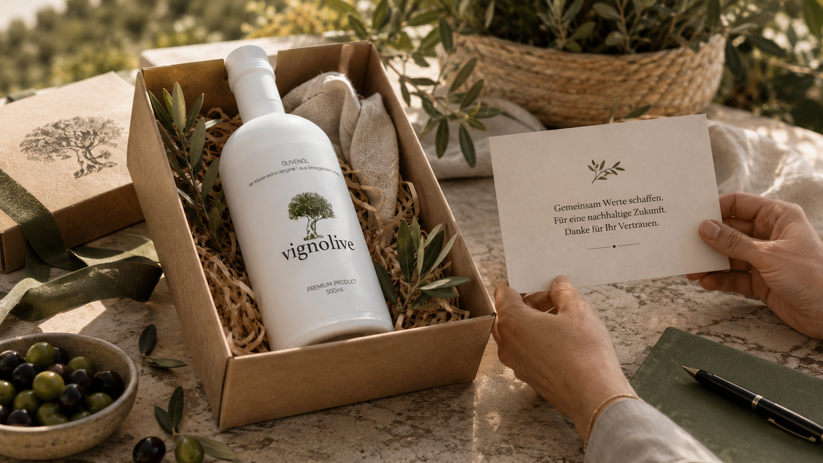 Nachhaltiges Firmengeschenk mit Premium-Olivenöl und Firmenlogo