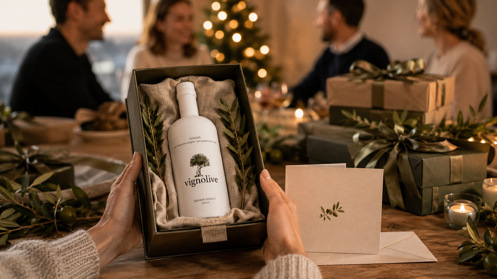 Personalisierte Premium-Olivenölflasche als Weihnachtsgeschenk für Mitarbeitende