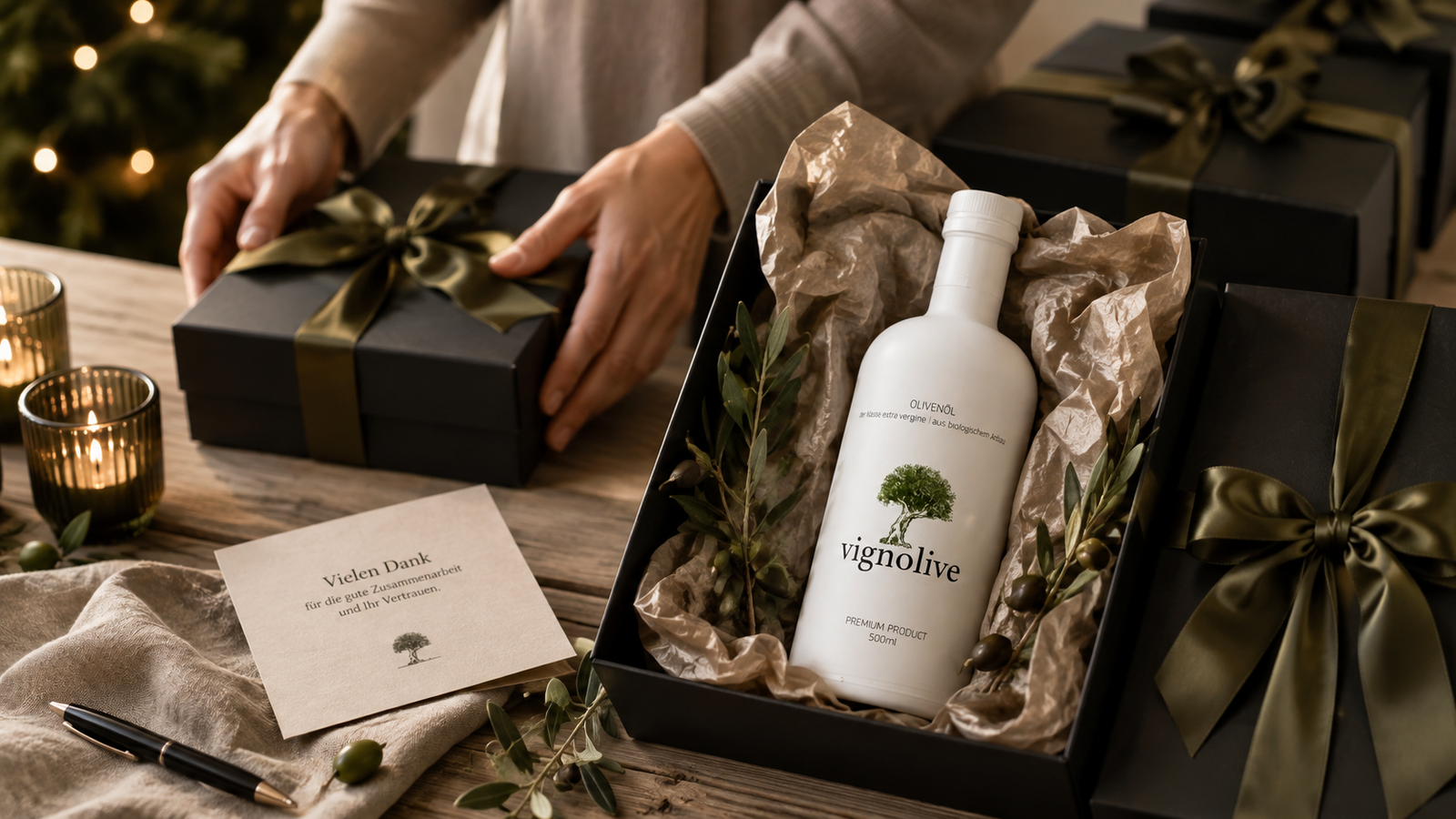 Edles Firmengeschenk zu Weihnachten mit personalisiertem Olivenöl für Kunden und Mitarbeitende