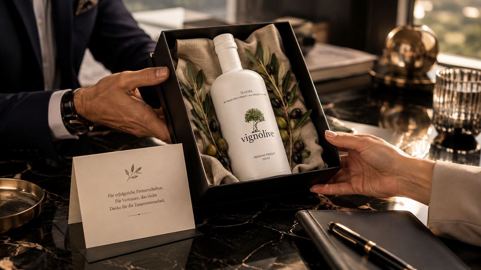 Exklusives Kundengeschenk mit personalisierter Premium-Olivenölflasche