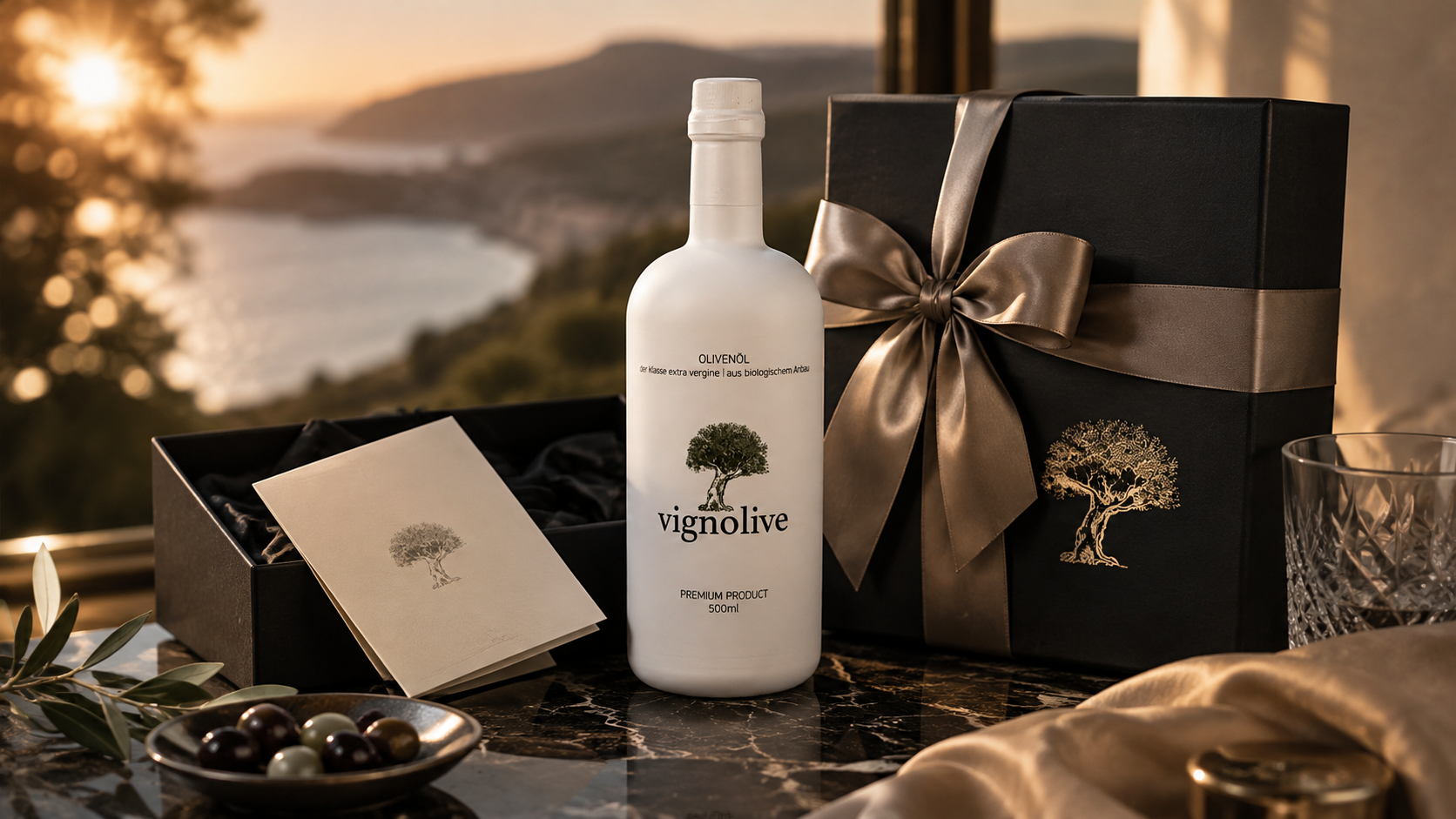 Exklusive Premium-Olivenölflasche mit Firmenlogo als Kundengeschenk