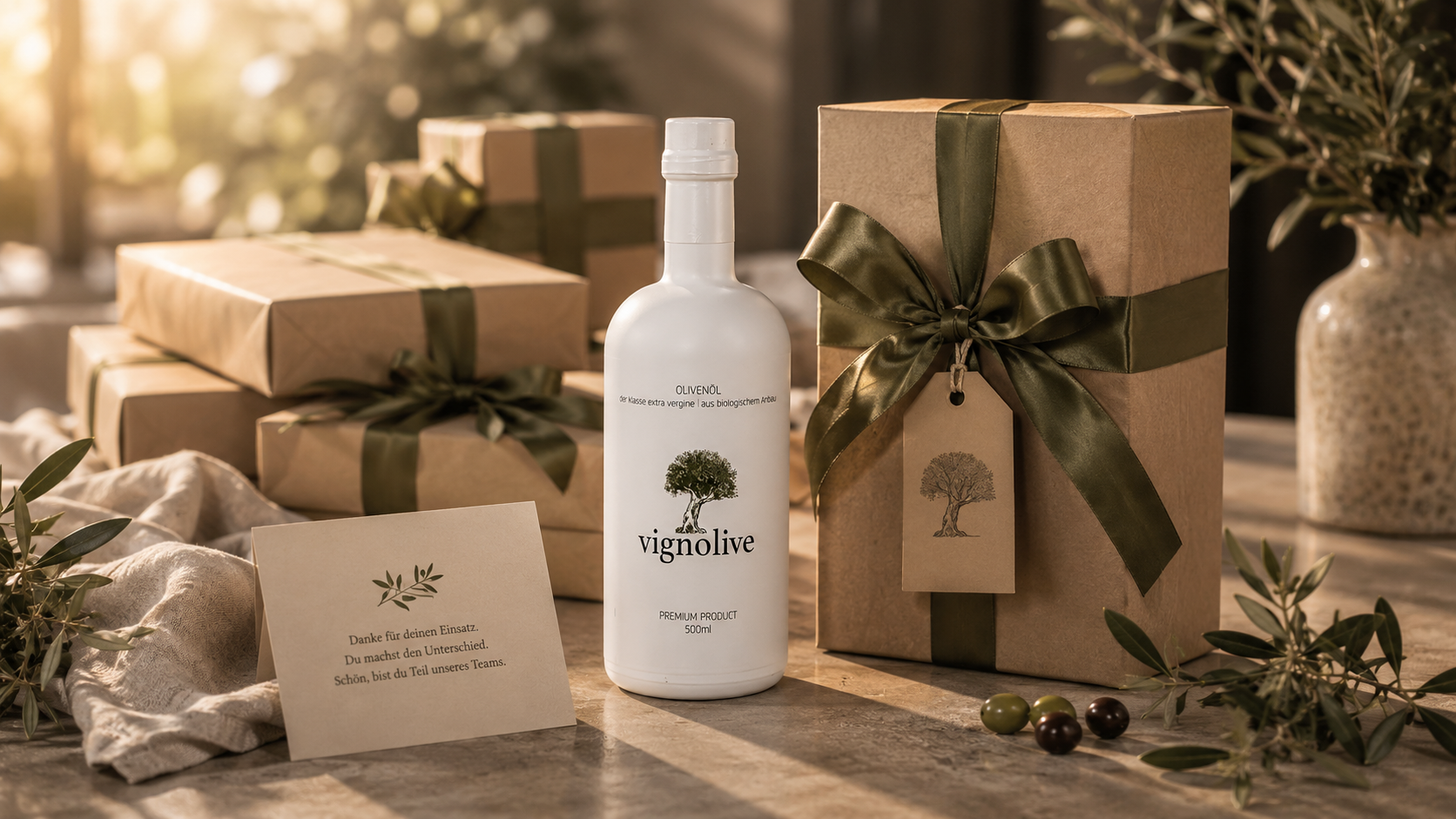 Personalisierte Premium-Olivenölflasche als hochwertiges Geschenk für Mitarbeitende