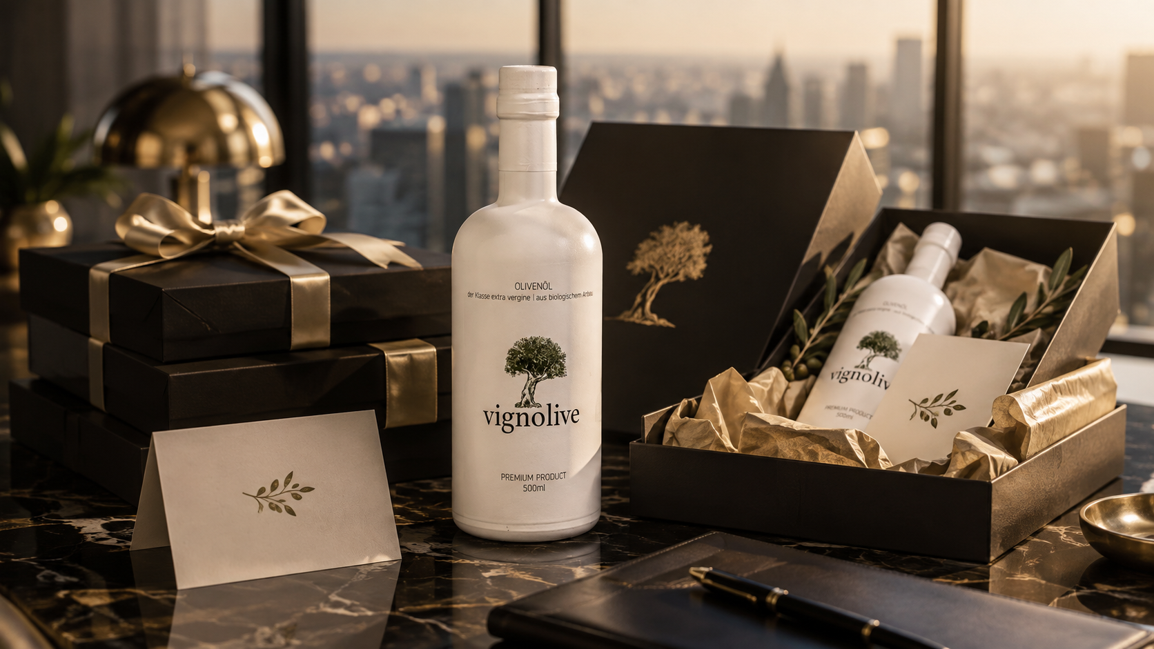 Premium-Olivenöl mit Firmenlogo als exklusives Geschenk für Firmenkunden